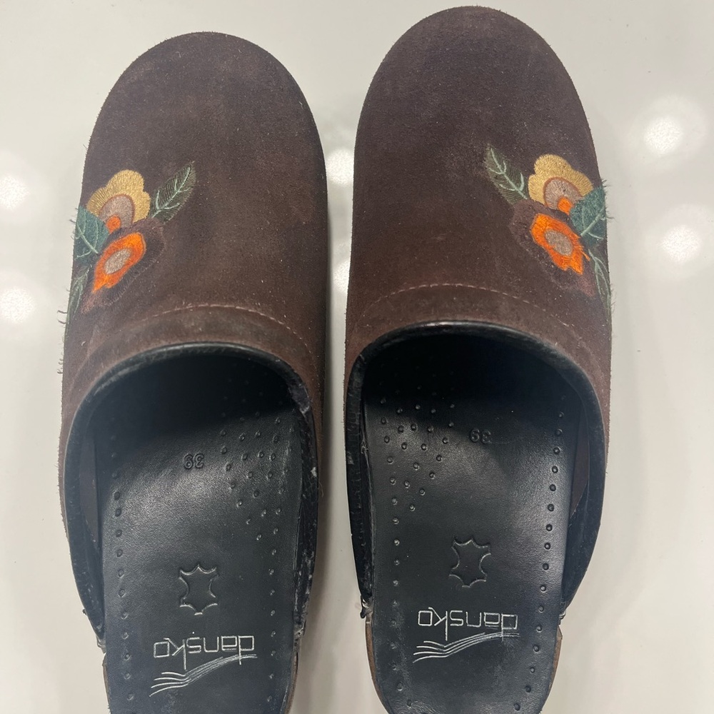 Dansko Dark Brown Clogs with Floral Embroidery